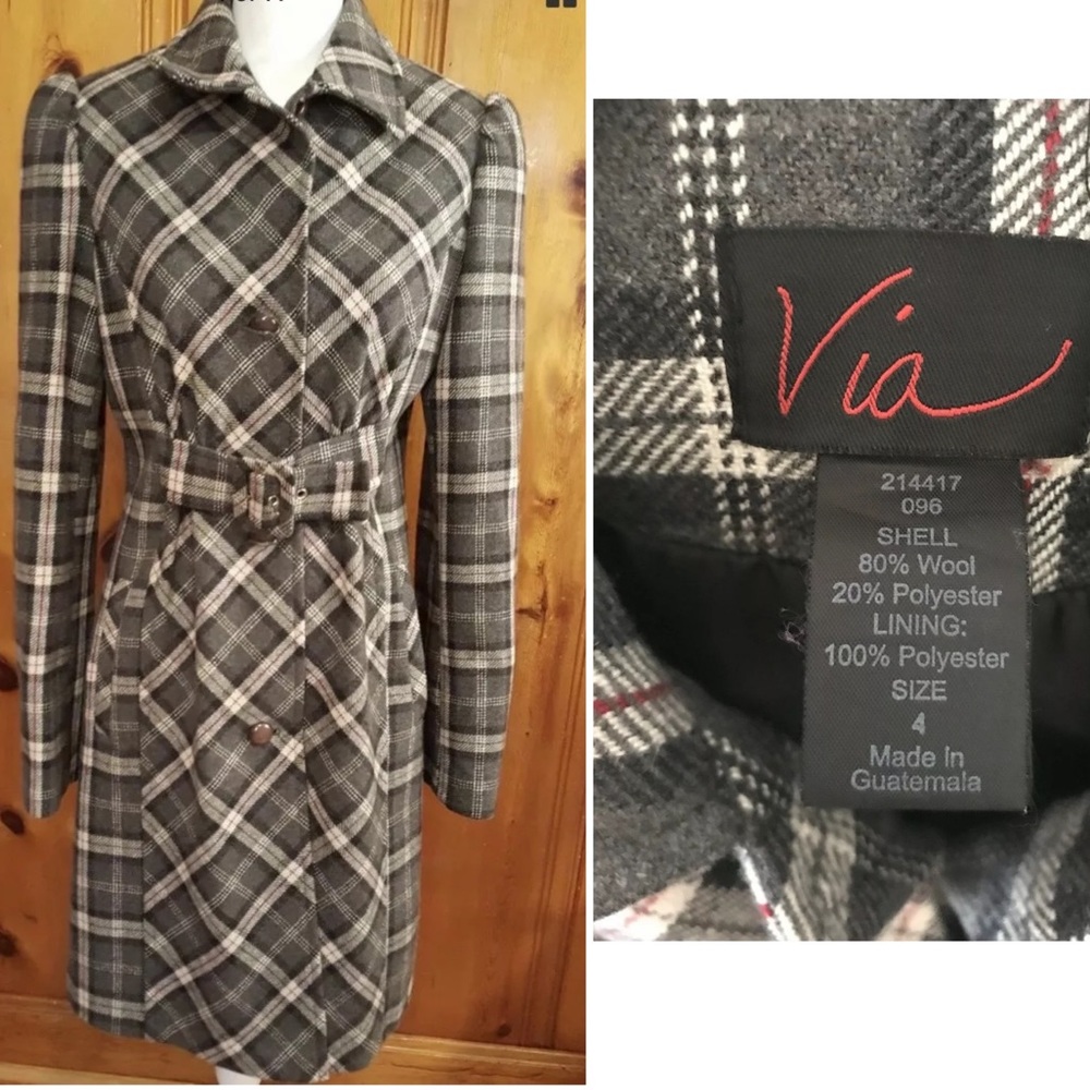VIA Belted Plaid Coat ~ Size 4